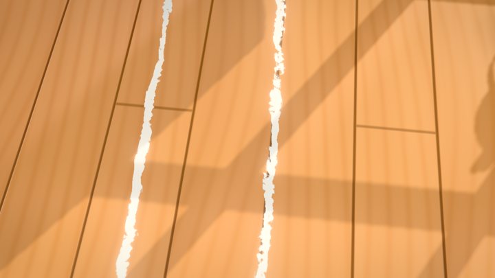 A narrow straight between two chalk lines with sunlight falling across the floorboards