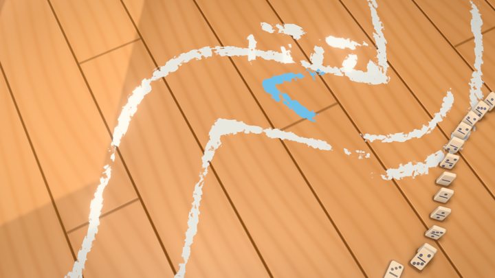 A winding chalk track section lined with a row of standing dominoes