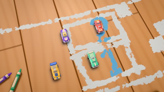 Four toy cars in chalk grid boxes