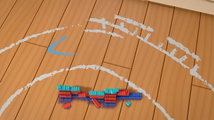 A tight chalk hairpin with a low wall of colored toy bricks on the inside