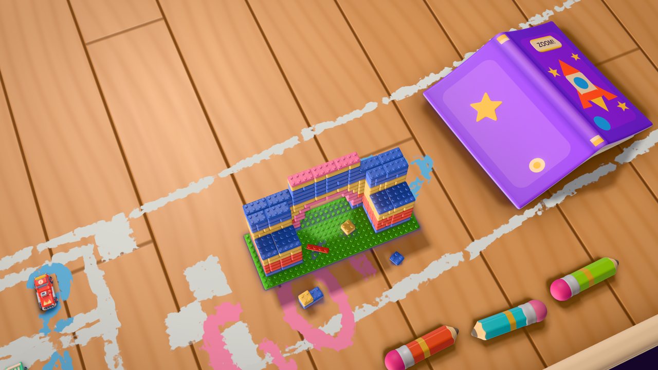 Toy cars lined up on a chalk start box beside a brick garage, a purple picture book and scattered crayons