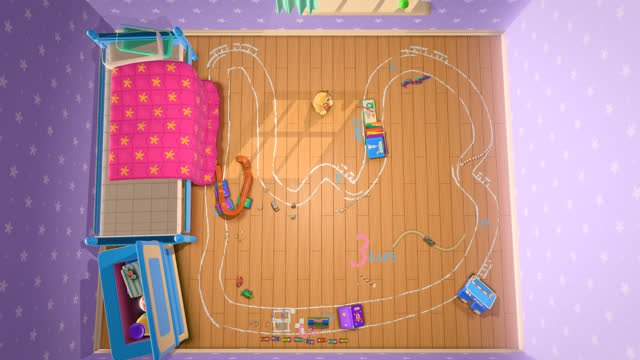 Top-down view of the whole bedroom with the chalk circuit looping around a bed, a toy bin and a train set