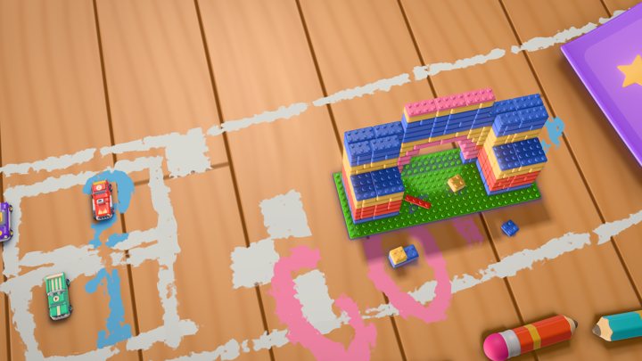 Toy cars on the start grid in front of a brick garage with a purple book behind it