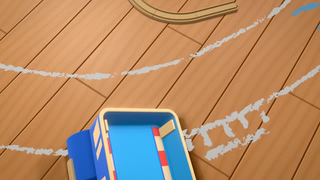 A wide chalk sweeper curve past a toy bin